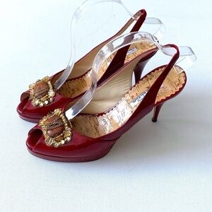 Oscar de la Renta Red Patent Embellished Platform